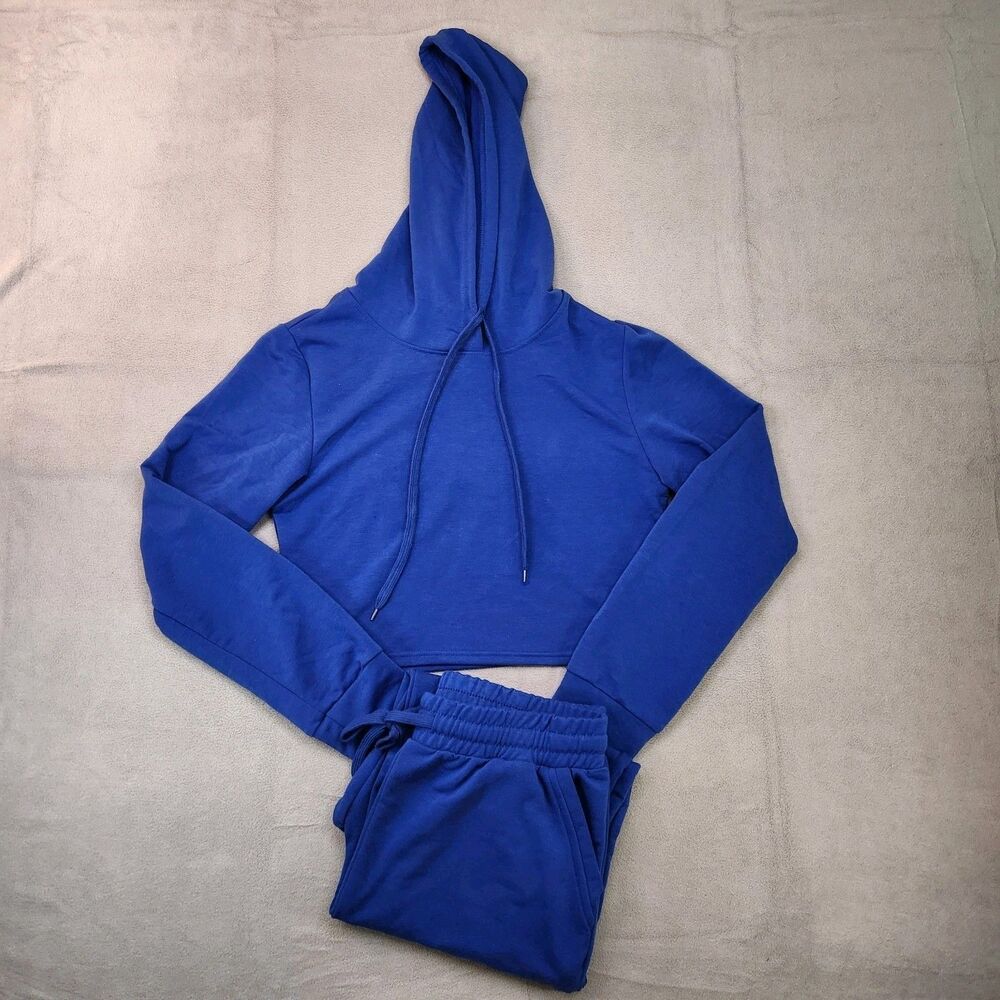 New Mix Cropped Hooded Jogger Lounge Set Women's Size Large Blue Stretch